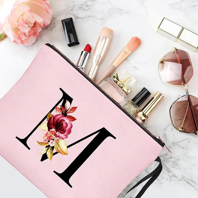 Vavabox A-Z Personalized Makeup Bag, Birthday Gifts for Women Mom, Gifts for Best Friend, Bride Bridesmaid Cosmetic bag (M, Pink)