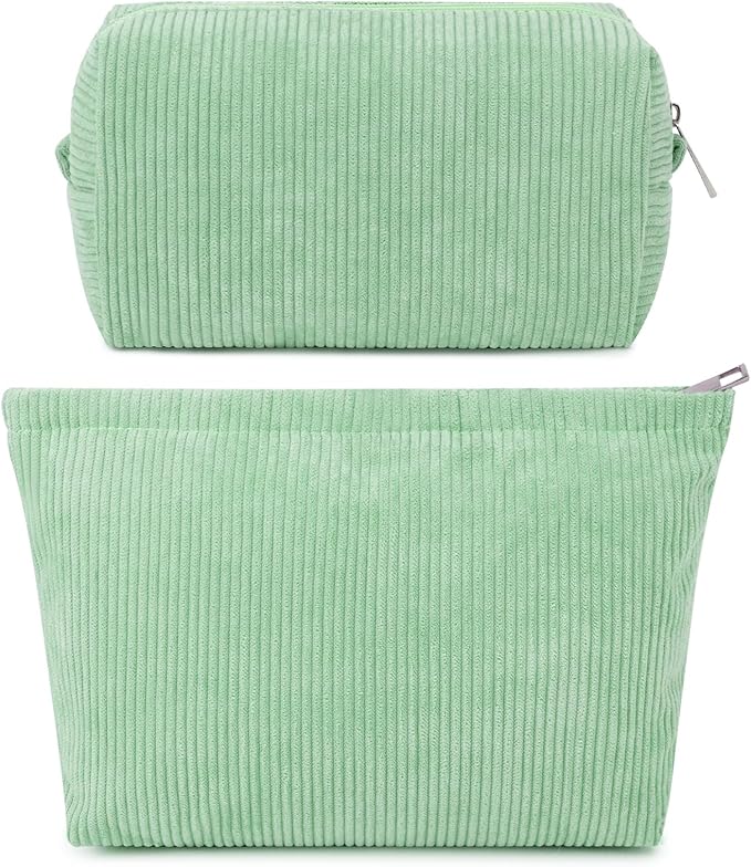 SOIDRAM 2 Pcs Corduroy Makeup Bag Large Cosmetic Bag Toiletry Bag Makeup Pouch Travel Bag Organizer Cute Makeup Brushes Aesthetic Accessories Storage Bag for Women Green