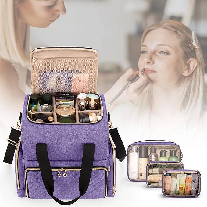 LUXJA Large Travel Makeup Bag with 3 Removable Cases, Cosmetic Bag with Detachable Dividers (Patent Pending), Purple