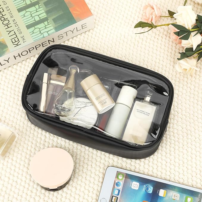 Clear Makeup Bag with 2 Customizable Chenille Letters - Waterproof PU Leather Cosmetic Case, Large Personalized Toiletry Pouch for Women & Teens, Ideal for Travel & Gift