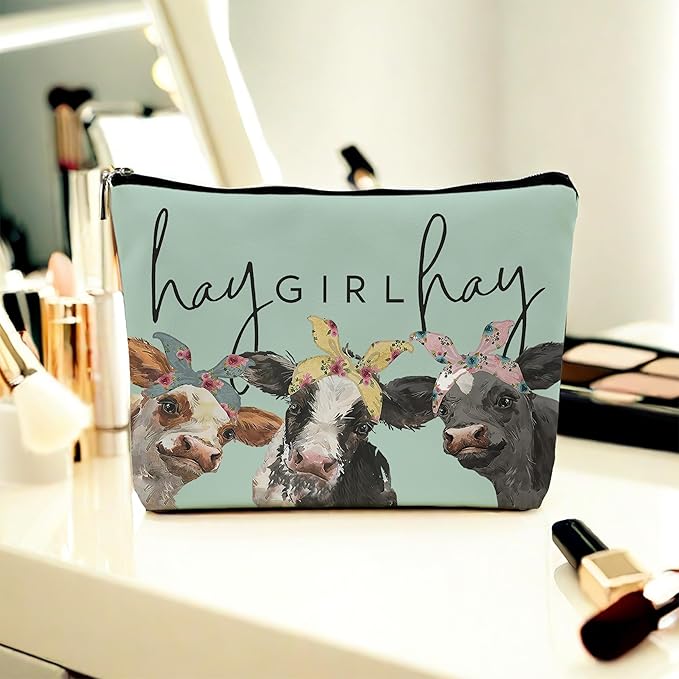 Cow Print Stuff,Cow Makeup Bag,Cow Gifts,Western Makeup Bag,Makeup Bags For Women,Cow Print(Green Pu Leather Cosmetic Bag)
