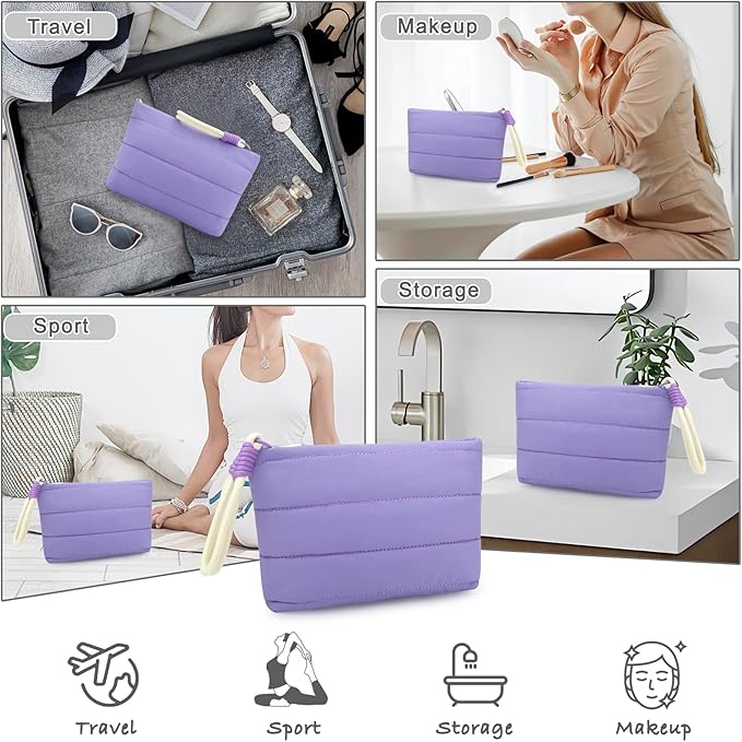 DOB SECHS Striped Quilted Makeup Bag with Wristlet Strap Cute Puffy Cotton Cosmetic Bag for Women, Small Puffer Toiletry Zipper Make Up Pouch, Quilt Clutch Bag Travel Organizer Storage Pouches, Purple