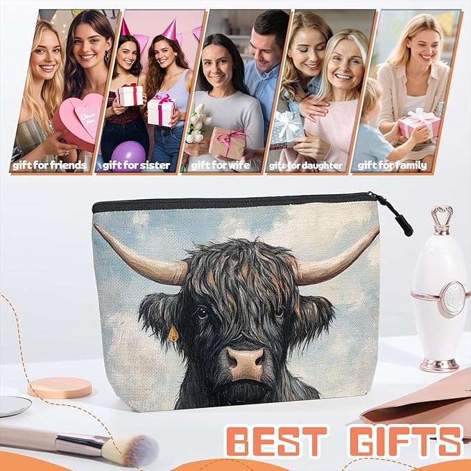 Cosmetic Bags Travel Makeup Toilet Case Waterproof Pouch for Women Girls 6.7X9.45inches - Black Yak With Large Horns in A Flower - Filled Meadow