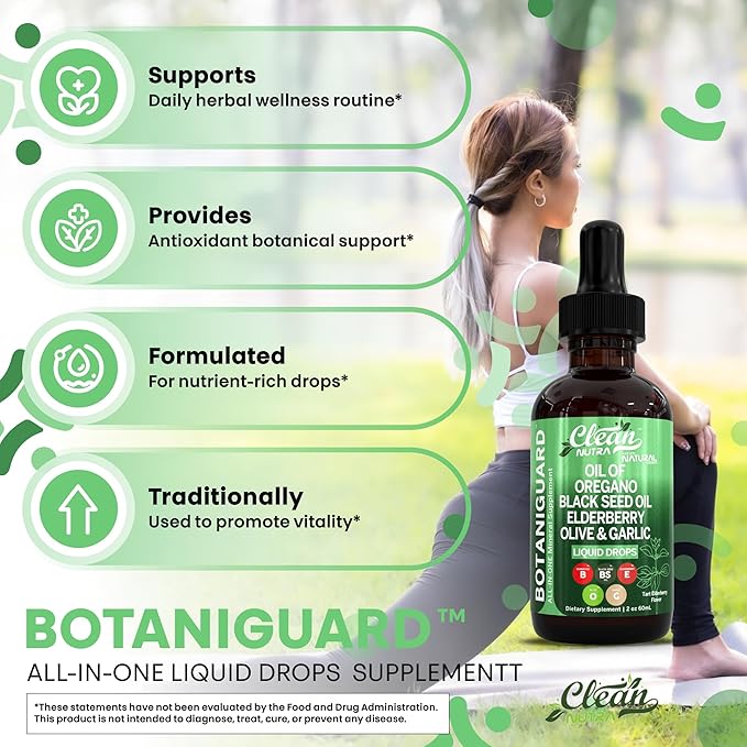 Clean Nutra Oil of Oregano Drops Black Seed Oil Elderberry Vitamin D D3 K2 Olive Garlic Immune Support Supplement Wellness Formula Zinc Supplements Liquid 2 Fl Oz BotaniGuard Vegan, Non-GMO