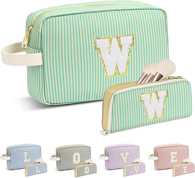 Travel Makeup Bag Christmas Gifts for Women Girl Teens, Personalized Initial Makeup Bag for Cute Teen Girls, Preppy Stuff Toiletry Bag Cosmetic Bag, Teen Girls Gift Trendy Stuff, Letter W