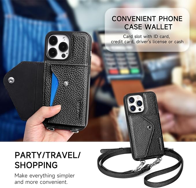 LUCKYCOIN Crossbody Wallet Phone Case for iPhone 14 Pro,100% Genuine Leather Wallet Phone Case with Expandable Flip Card Holder,Phone Purse for Women with Adjustable Removable Strap - Pebble Black