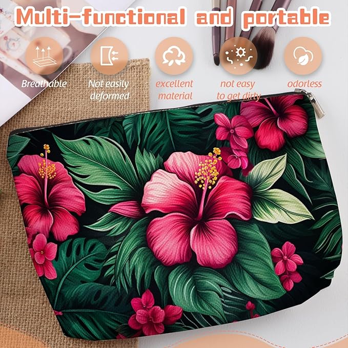 Makeup Bag Travel Cosmetic Bags Small Makeup Case Waterproof Zipper Pouch for Women Girls 7X9inches - Bold Hibiscus Flowers with Green Foliage