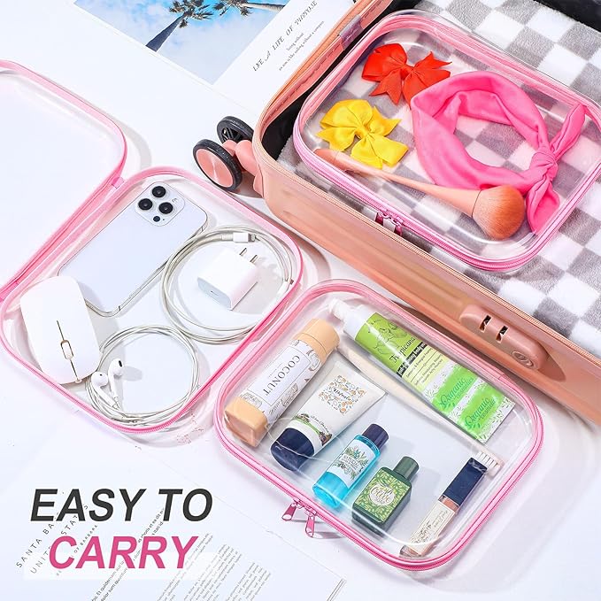 Sanwuta 6 Pcs Clear Hard Zipper Case Hard Plastic Zipper Pouches Makeup Bag Pencil Pouches Transparent Cases for Snacks Plastic Storage Organizer Box for Travel(Pink,9.84 x 7.87 x 2 Inch)