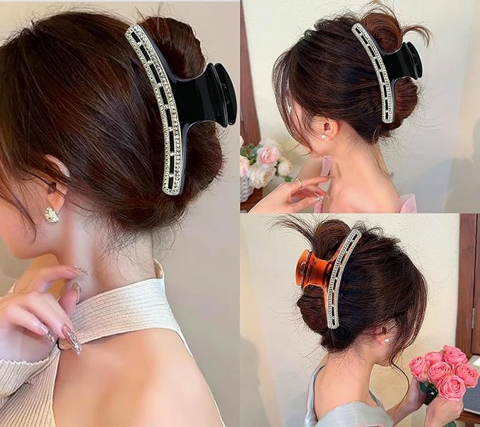 SINIDE Rhinestone Hair Clips, Crystal Plastic Claw Clips Nonslip Acrylic Metal Jaw Clip for Thin Long Hair, Fashion Elegant Clamps Accessories for Women Strong Hold Barrette for Styling (2 Pack)