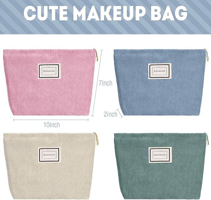 Sanwuta 4 Pack Velvet Makeup Bag Cosmetic Bag for Women Large Capacity Corduroy Pouch Zipper Canvas Travel Toiletry Purse Make up Organizer Case Accessories (Light Color,Plaid)