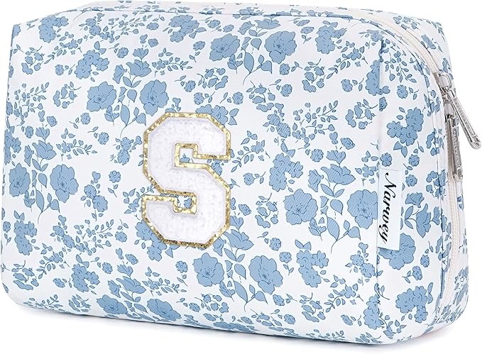 Narwey Birthday Gifts for Teen Girls Kids Women Personalized Initial Floral Makeup Bag Cute Cosmetic Trendy Stuff 6 8 10 11 12 13 14 16 18 Years Old Travel Toiletry Bag (Little Blue Flower S)