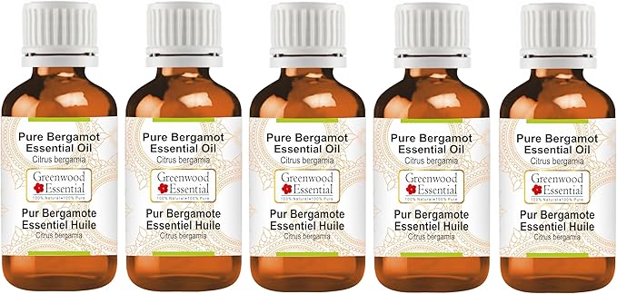 Greenwood Essential Pure Bergamot Essential Oil (Citrus bergamia) Steam Distilled (Pack of Five) 100ml X 5 (16.9 oz)