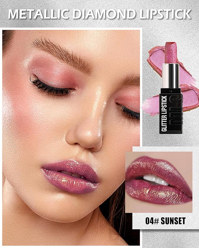 Diamond Glitter Matte Lipstick, Long Lasting Waterproof Ruby Red Metallic Sparkling High Pigment Non-Stick Lip Tint Lip Gloss,Full-coverage Lipgloss, Christmas Lip Makeup Gift for Women Girl-04