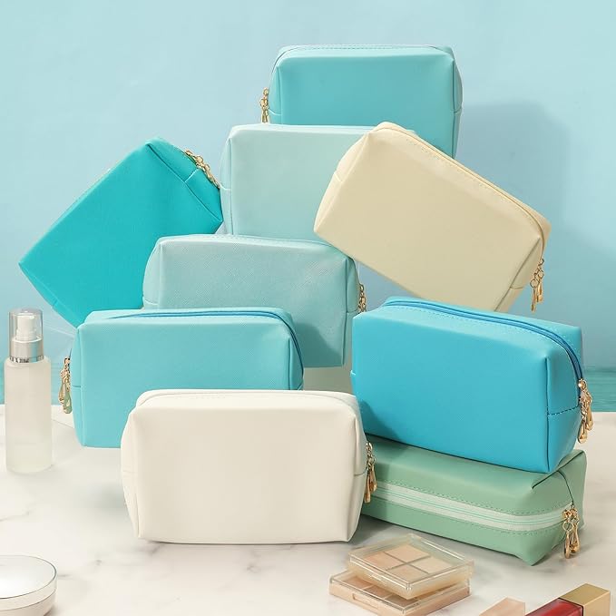 Sanwuta 9 Pcs Makeup Bags Bulk PU Double Zippers Cosmetic Bag Makeup Toiletry Christmas Small Pouch Portable Travel Organizers Case for Women Bridesmaid Party End of The Year(Blue and Green Color)