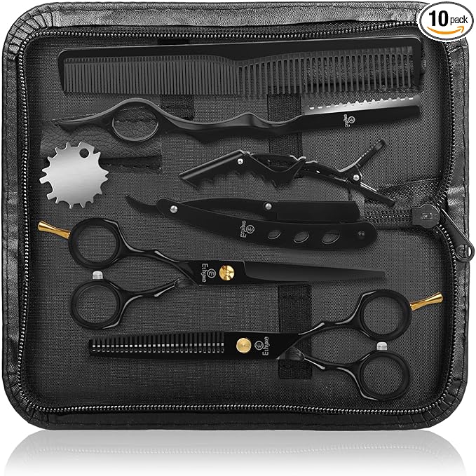 Hair Cutting Scissors Kit with Razor, Leather Case, Barber Hair Cutting Shears Thinning Blender Scissors for Professional Hairdresser or Home Use (Black)