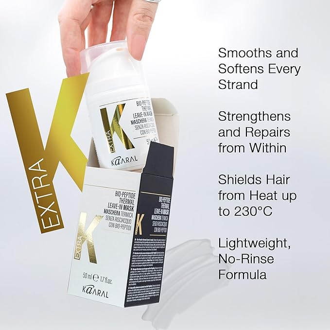Kaaral Bio-Peptide Thermal Leave-In Hair Mask - Intensive Moisture & Heat Protection for Dry Damaged Hair - Strengthening Hydrating Repair with Collagen & Restores Shine - 50ml