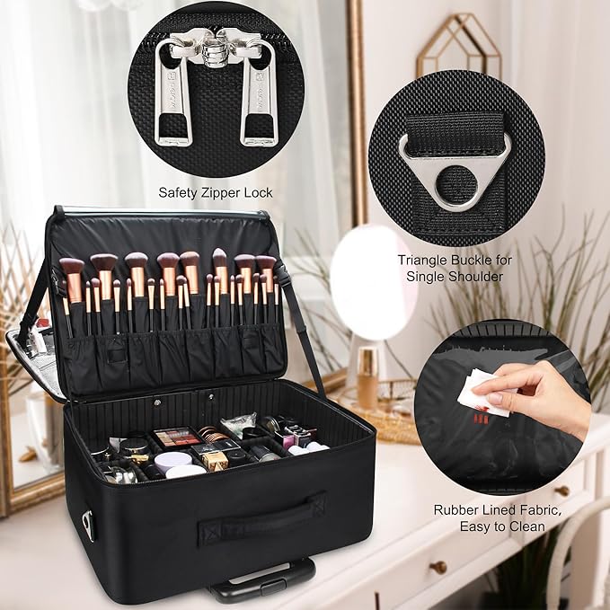 MONSTINA Rolling Makeup Train Case with 4 Detachable 360-Degree Rotation Wheels,Professional Trolley Cosmetic Case, 3-Layer Extra Large Organizer Cart for Makeup Artist Hairstylist