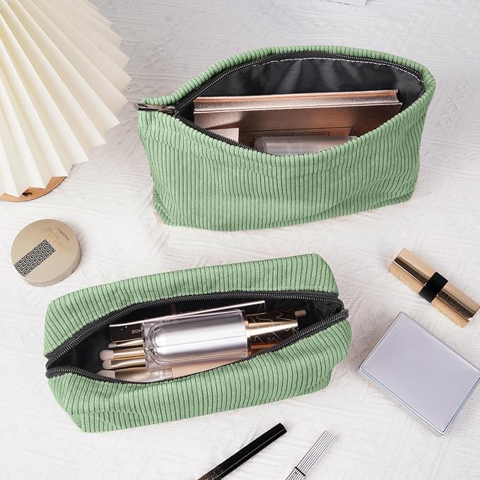MAGEFY Makeup Bag 2 PCS Corduroy Make up Bag for Purse Travel Cosmetic Bag for Women Small Makeup Pouch Cute Makeup Brush Bag Preppy Stuff Travel Essentials - Green