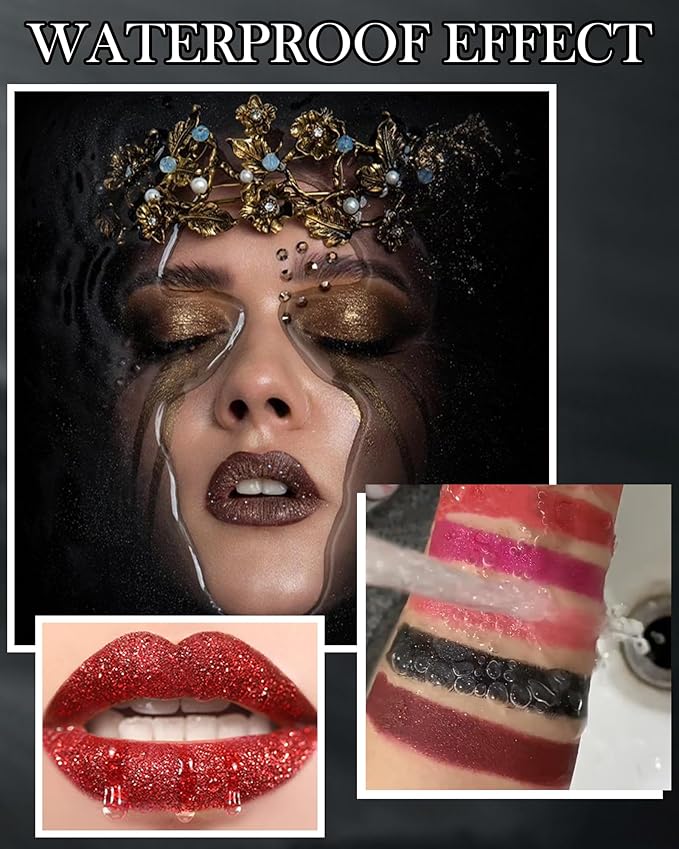 White Diamond Glitter Matte Lipstick, Gothic Shiny Lip Gloss, Sparkling High Pigment Longlasting Waterproof Smudgeproof Non-Stick Lipstick, Shimmer Lip Blam for Stage,Cosplay, Party Makeup-01