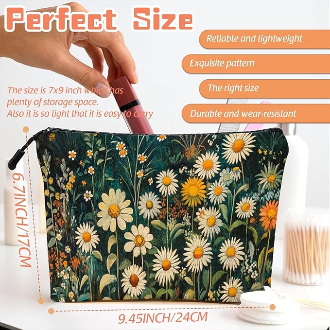 Cosmetic Bags Travel Makeup Toilet Case Waterproof Pouch for Women Girls 6.7X9.45inches - White Daisies And Yellow Marigolds in Wild