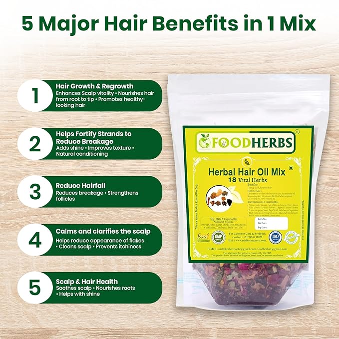 Foodherbs Premium Herbal Hair Oil Mix with 18 Ayurvedic Herbs for Natural Growth | 2x Long Hair | Strong Roots | Fuller Volume | Shiny Healthy Strands | DIY Oil Infusion | Hair Care | Thanks Giving