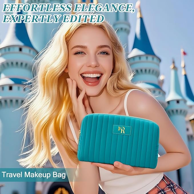 Monogrammed Make Up Bags for Women,Personalized Cosmetic Bags Women,Small Quilted Makeup Pouch,Cute Makeup Bag Travel,Birthday Gifts for Teen Girl (Blue R)