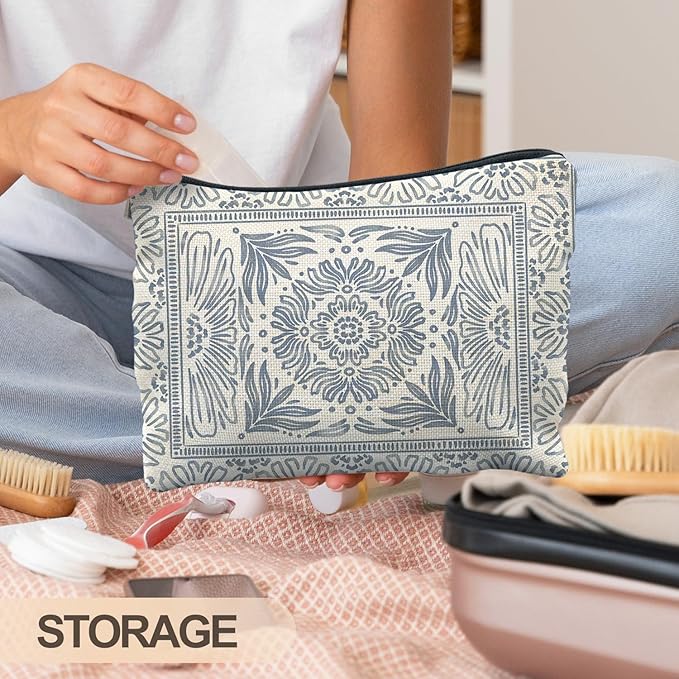 Light Blue Floral Makeup Bag - Vintage Moroccan Tile Chinoiserie Boho Blue Floral Cosmetic Bag
