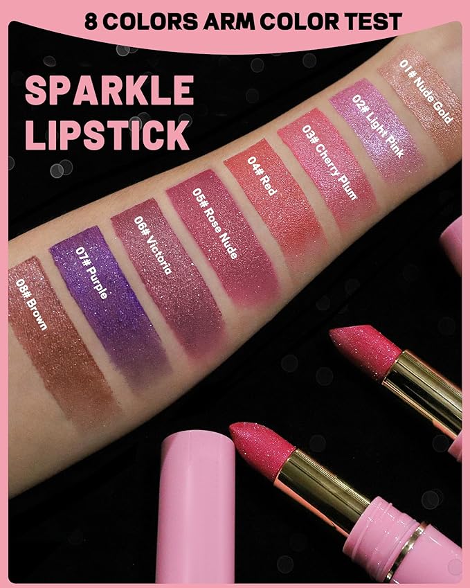Glitter Metallic Cherry Plum Shimmer Lipstick Long Lasting,Glitter Diamond Shine Red Lipstick Transfer Proof Non-Stick Lip Gloss Shimmer Highly Pigmented Full Coverage Lip Makeup for Women-03