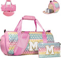 Gift for 3 4 5 6 7 8 Year Old Girl, Girls Travel Duffel Bag, Kids Initial Overnight Bags with Shoe Compartment, Personalized Weekender Bag with Makeup Pouch, Sister Birthday Gifts (Letter M)
