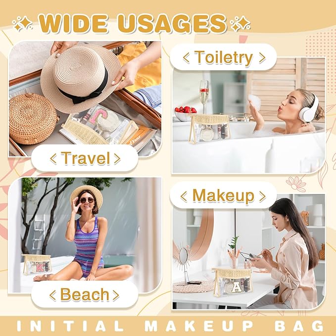 Personalized Initial Letter Bag Boho Straw Clear Makeup Bag,Small Cute Chenille Varsity Letter Pouch With Zipper,Beach Travel Toiletry,Portable Monogrammed Cosmetic Bag for Women Girls