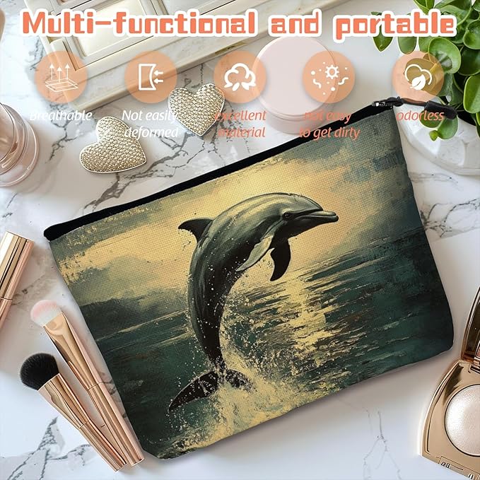 Cosmetic Bags Travel Makeup Toilet Case Waterproof Pouch for Women Girls 6.7X9.45inches - Dolphin Leaping in A Vintage - Styled Sea - Sky Scene