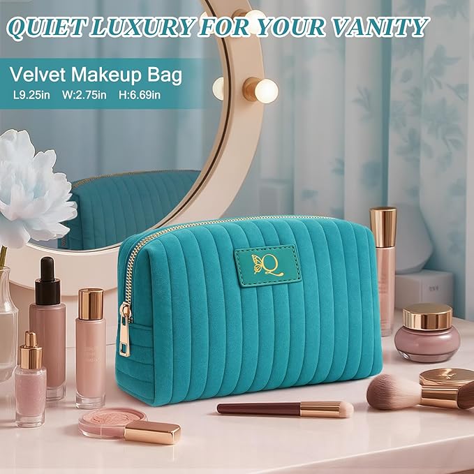 Monogrammed Make Up Bags for Women,Personalized Cosmetic Bags Women,Small Quilted Makeup Pouch,Cute Makeup Bag Travel,Birthday Gifts for Teen Girl (Blue Q)