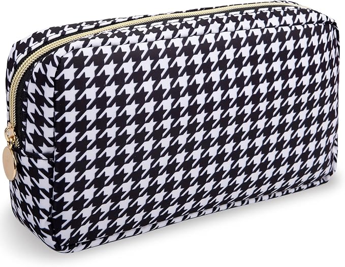 Nylon Small Makeup Bag for Purse, Cute Makeup Pouch Bag Preppy Cosmetic Zipper Pouch Purse, Portable Travel Toiletry Bag Clutch Makeup Brush Bag Organizer Storage for Ladies Girls(Black Houndstooth)