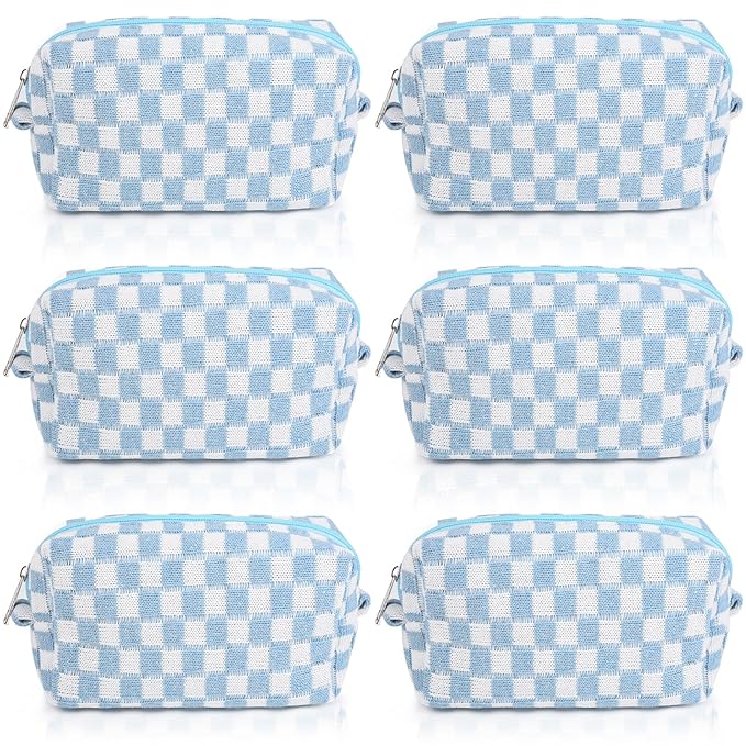 SOIDRAM Checkered Makeup Bag Preppy Cosmetic Bag Bulk Blue Makeup Pouch Personalize Travel Toiletry Bag Organizer Cute DIY Makeup Brushes Storage Bag for Women
