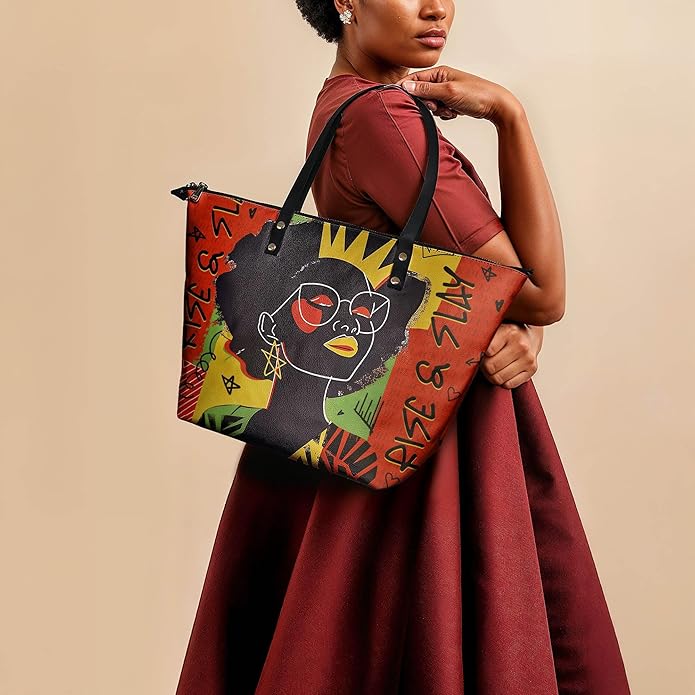 African Black Women's Leather Tote Bag, Large, Premium Vegan Leather, Full Zip, Perfect Christmas Gifts For Women