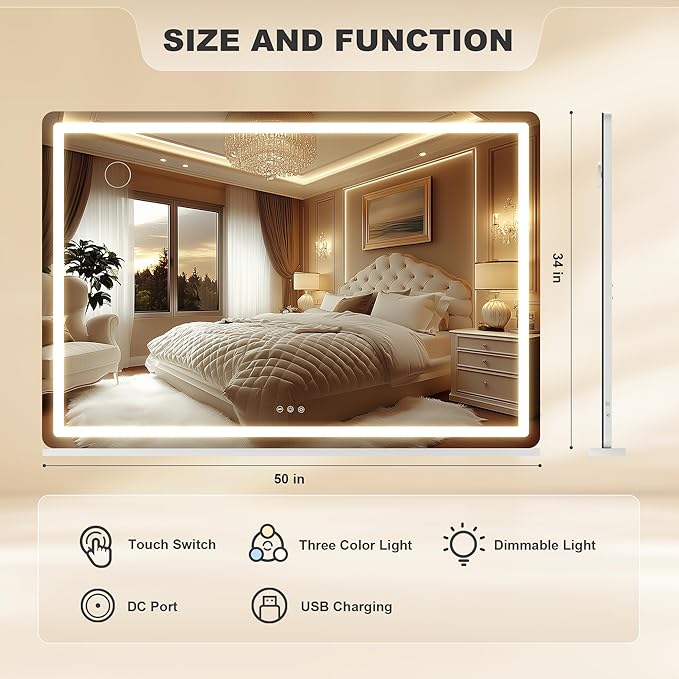 Hasipu Vanity Mirror with Lights, 50.2" x 34" LED Makeup Mirror, Lighted Makeup Mirror with Dimmable 3 Modes, Touch Screen Control Vanity Mirror Round White