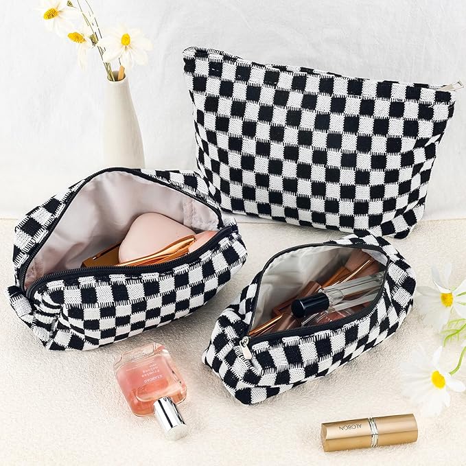 ZLFSRQ 3Pcs Checkered Makeup Bag for Women Large Small Checkered Cosmetic Bag Set Aesthetic Preppy Pencil Case Cute Pencil Pouch Black Makeup Pouch for Purse Travel Toiletry Bags Zipper Skincare Bags