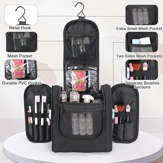 Hanging Toiletry Bag with Hook, Travel Cosmetic Makeup Bag Organizer for Accessories, Shampoo, Shaving Bag for Toiletries Accessories,Travel Essentials Kit (Black)