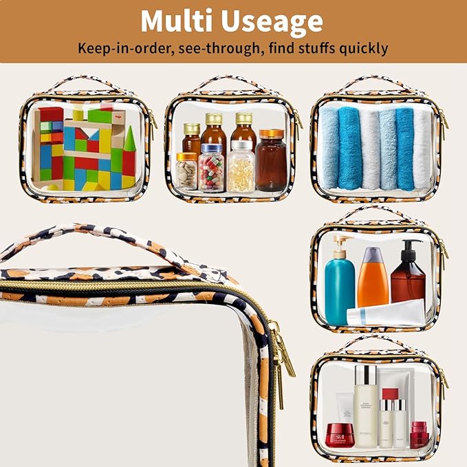 Travel Toiletry Bag,2 Pack Clear Makeup Bags with Handles,180°Opening Clear Cosmetic Bags for Traveling Women,Men,Travel Essentials,Leopard