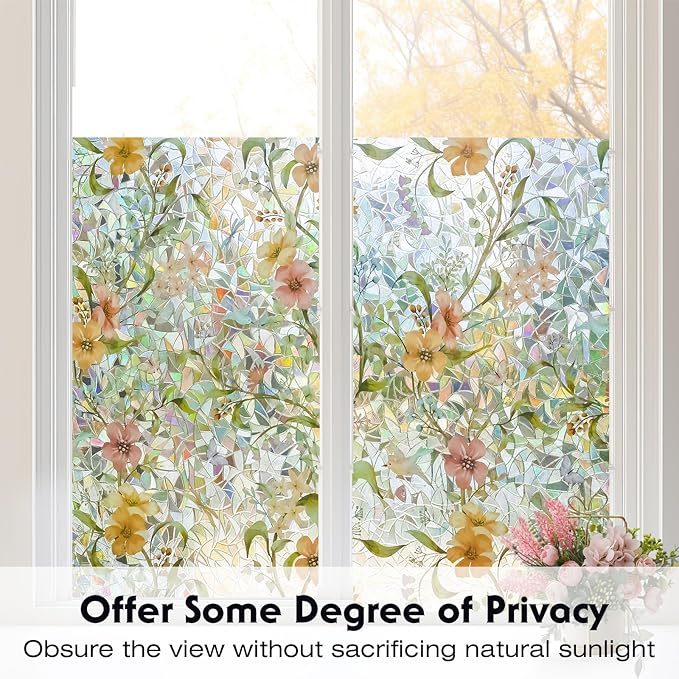 Volcanics Stained Glass Window Film with Installation Tools, Rainbow Window Privacy Film, Decorative Window Clings for Glass Windows, Static Cling Sun Blocking Floral Decals, 35.4 x 78.7 Inch