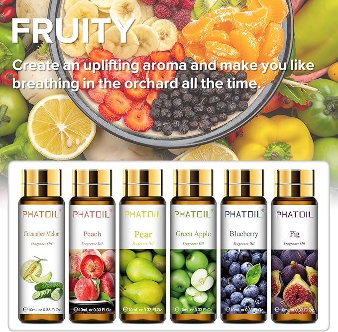 PHATOIL 9PCS Fruit Fragrance Oil Set for Soap Making Diffusers, 10ml/0.33fl.oz Cucumber Melon, Coconut & Vanilla, Peach, Pear, Green Apple, Blueberry, Apple, Fig, Lemon Fragrance Oil Essential Oils