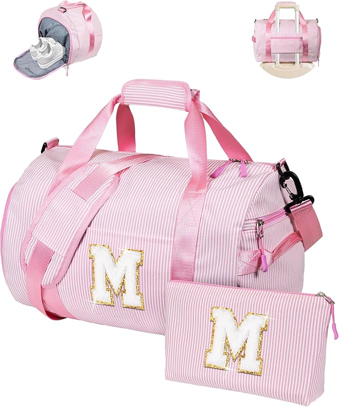 Gift for Teenager, Girls Travel Duffle Bag, Kids Initial Overnight Bags with Shoe Compartment, Personalized Weekender Bag with Makeup Pouch, Teen Girl Gifts Trendy Stuff (Letter M)