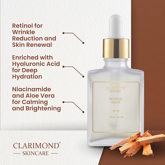 CLARIMOND Retinol Serum for Face – 1% Resurfacing Retinol and Hyaluronic Acid Serum with Niacinamide & Aloe Vera for Anti-Aging, Brightening, Wrinkle Reduction & Dark Spot Treatment