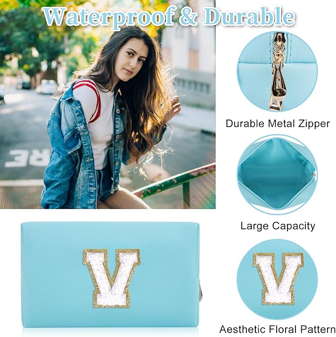 Personalized Initial Letter Patch Makeup Bag, Preppy Portable Chenille Letter Cosmetic Bag with Zipper, PU Leather Waterproof Travel Toiletry Bag Monogram Make Up Pouch for Women Girls