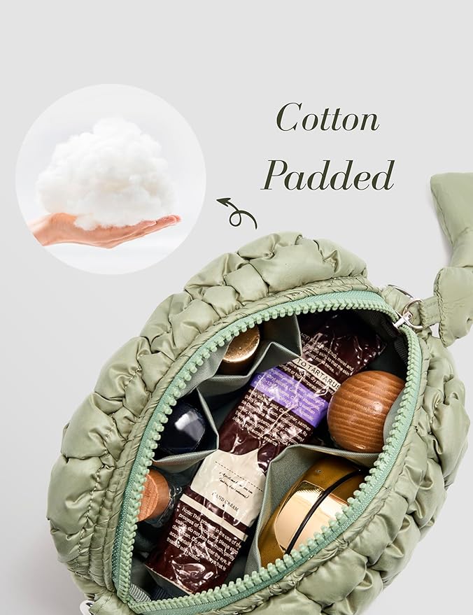 Yarnic Quilted Makeup Bag Cosmetic Bag, Small Puffer Makeup Pouch Soft Puffered Make up Pocket Travel Toiletry Bag for Women, Cute Makeup Bag Organizer (S, Sage Green)