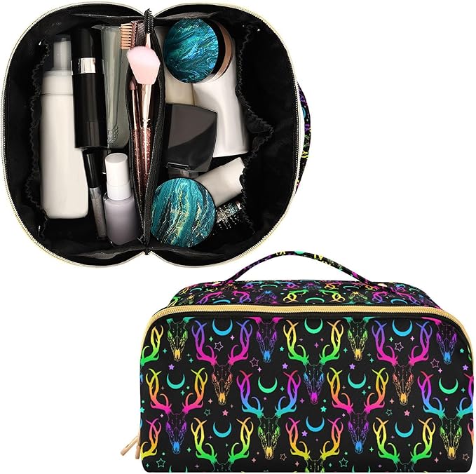 Makeup Organizer Bag, Bright Deer Skulls Travel Makeup Bags Makeup Vanity Case Large Capacity Rhombus Cosmetic Toiletry Bag for Girl Women Ladies
