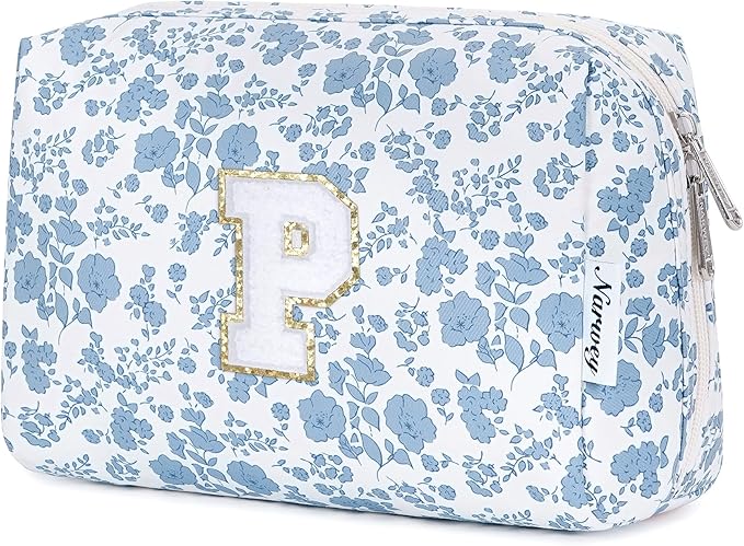 Narwey Birthday Gifts for Teen Girls Kids Women Personalized Initial Floral Makeup Bag Cute Cosmetic Trendy Stuff 6 8 10 11 12 13 14 16 18 Years Old Travel Toiletry Bag (Little Blue Flower P)