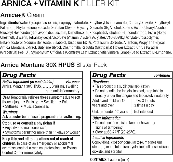 VitaMedica | Arnica Filler Kit Bundle | Arnica Montana 30X Blister Pack + Arnica & Vitamin K Topical Cream | Vitamin K Topical Cream | Softens, Calms, Moisturizes, & Restores Bruised Skin | Recovery