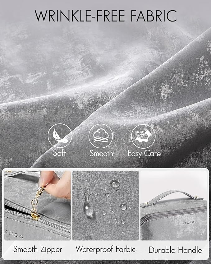 Vlando Makeup Bag,Large Capacity Toiletry Bag for Women Waterproof Portable Make up Pouch PU Leather Open Flat Cosmetic Bag(Silver)