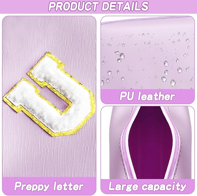 Gifts for Girls Initial Makeup Bag Personalized Cosmetic Bag with Zipper Cute Travel Toiletry Bag Waterproof PU Preppy Makeup Pouch Birthday Gift for Teen Girls Women(Purple U)
